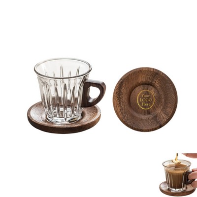 6.8 oz. Glass Cup with Wood Saucer & Metal Spoon Coffee Set