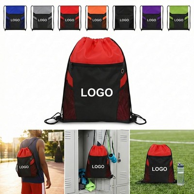Zippered Drawstring Backpack With Mesh Pockets