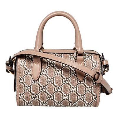 Gucci GG Shadow Monogram Canvas Leather Mini Bowler Bag Beige Black