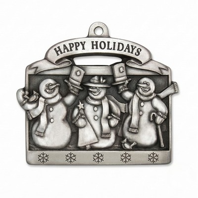 Full Size Stock Design Happy Holidays Snowman Trio Pewter Ornament