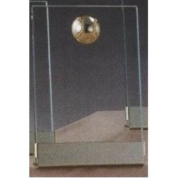 Clear Glass Plaque Award w/Gold Baseball Accent, Gold Plastic Mounts & Base (5"x7.5")