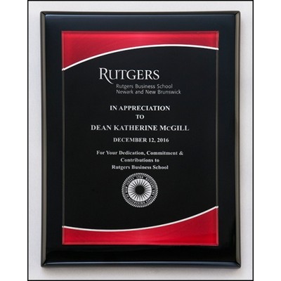 Acrylic plate with red border on black piano-finish plaque