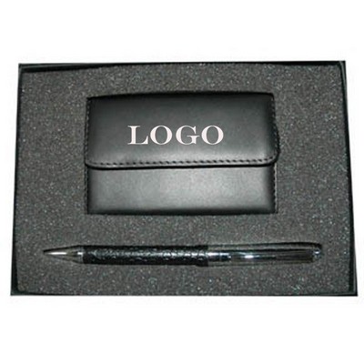 Genuine Leather Business Card Holder w/ Ballpoint Pen.