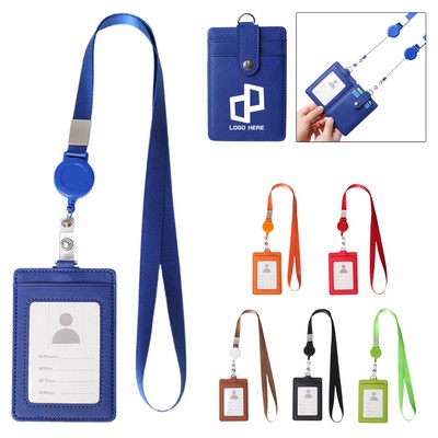 Leather Badge Holder W/ Adjustable Retractable Lanyards
