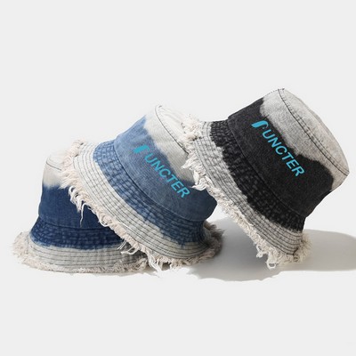 Fashion Unisex Gradient Color Denim Bucket Hat Tassel Edge Hat