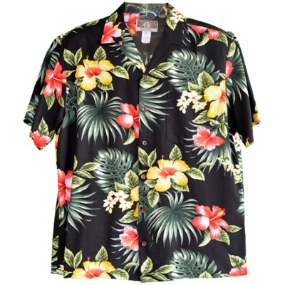 Soft & Supple Silky Rayon Black/Red/Yellow Tropical Print Hawaiian Shirt w/Genuine Coconut Buttons
