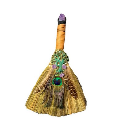 Large Broom Natural Amethyst Crystal Tree of Life Peacock Feather Altar Ornament