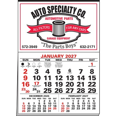 3-Months-In-View 2 Color Imprint Half Apron Calendar (Red & Black)