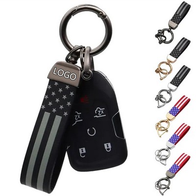 American Flag PU Leather Car Keychain Metal Ring