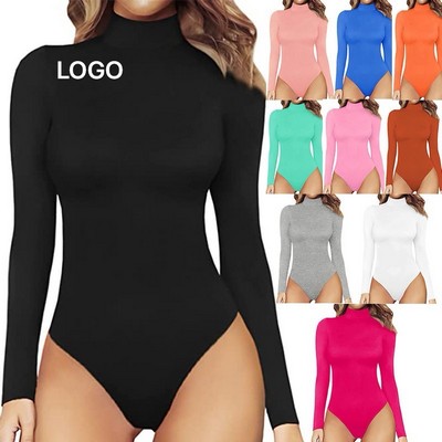 Custom Mock Turtle Neck Bodysuit Women Long Sleeve Jumpsuit