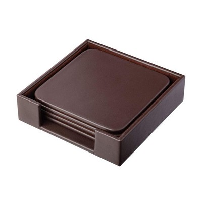 Classic Chocolate Brown Square Leatherette Coaster Set w/Holder