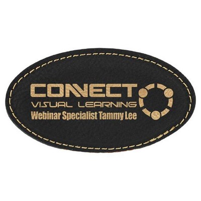 Oval Badge with magnet, Black Faux Leather, 3 1/4" x 1 3/4"