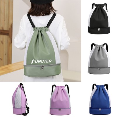 13 x 19" Drawstring Backpack with Shoes Compartment, Dry Wet Separation Bag Large Capacity