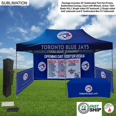 72 Hr Fast Ship - Supreme Package, 20' Sublimated Tent, 20' Backwall, 2 Half Sidewalls, Tablecloth