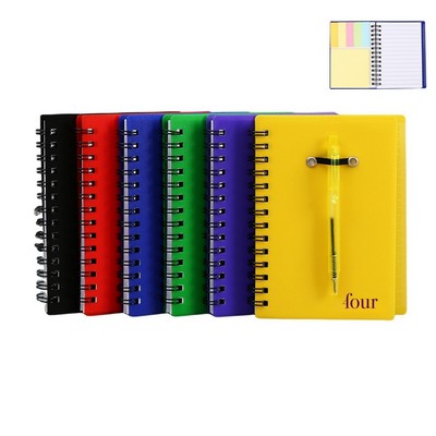Spiral Notebook with Pen in Holder and Sticky Notes
