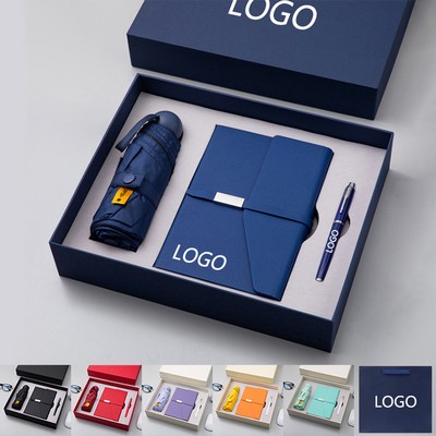 Custom Business Gift Set w/A5 PU Leather Notebook & Pen & Compact Umbrella