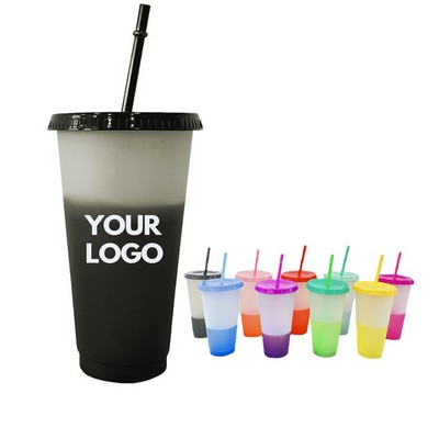 24oz Custom Reusable Color Changing Tumbler Plastic Cup w/Lid & Straw