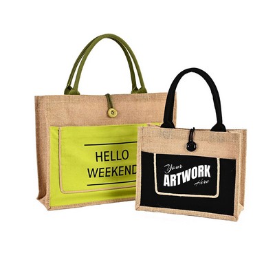 Two Tone Cotton Pocket Jute Tote Bag With Small Size W11.8" x H9.8" x D5.1"