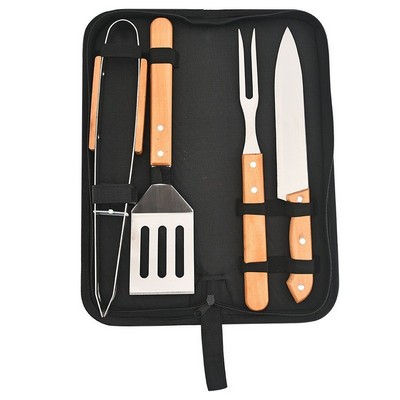 Portable 4-Piece Stainless Steel BBQ Tool Set with Wood Handles