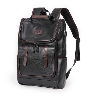 Large-Capacity PU Leather Student Backpack w/ USB Port