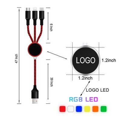47" Custom Portable Nylon 3" 1 Charging Cable w/Light Up Logo