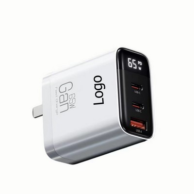 Fast 65W Dual USB-C Plus USB-A Charger Block GaN Power Delivery Fast Compact Power Adapter