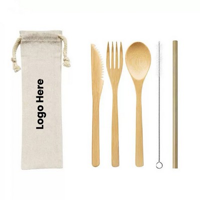 Reusable 6 Piece Bamboo Utensils Set In Canvas Travel Pouch