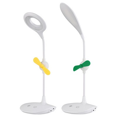 Rechargeable LED Ring Or Raindrop Desk Top Lamp With Mini Fan