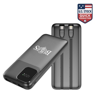 Portable 10000mAh Charger with Digital Display & Built-In Dual Charging Cables