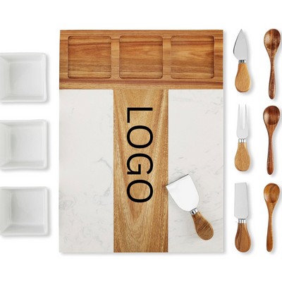Marble Wood Charcuterie Board Cheese Serving Board With Knife Set