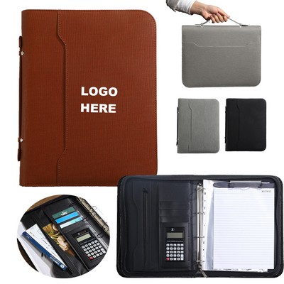 Professional PU Leather Zippered Padfolio Binder with Handle