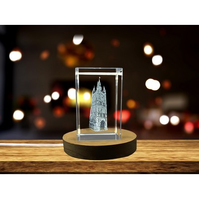 Kortrijk Belfry 3D Engraved Crystal Trophy Award - Architectural Keepsake w/LED Base