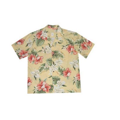 Yellow Hawaiian Shirt (S - 3XL in-stock) - 100% Cotton Poplin Tropical Print w/ Coconut Buttons