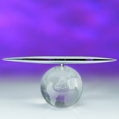 Awards-optical crystal globe spinning pen set.2-5/8" high