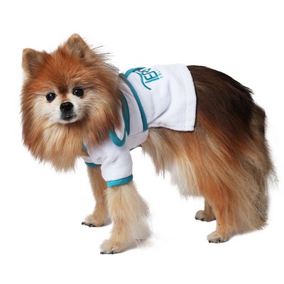 Hooded Pet Robe, White Velour with Teal Trim (Embroidered)