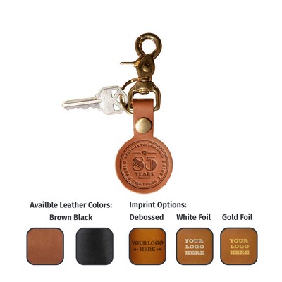 Full-Grain Leather Round Keychain w/Brass Scissor Clip and Split Ring - Made in USA