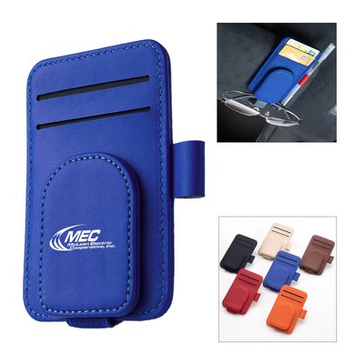 PU Leather Magnetic Auto Visor Eyeglasses Clip w/Pen Slot