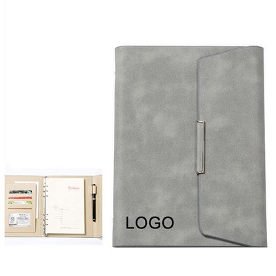 A5 Refillable Leather Tri Fold Ring Binder Notebook with Magnetic Buckle
