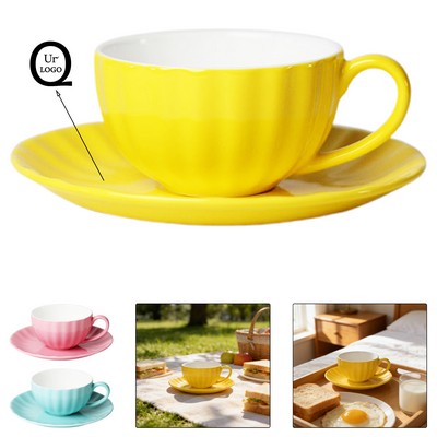 6.7 Oz Ceramic Ribbed Pumpkin Cup And Saucer Sets