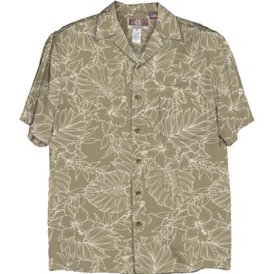 Soft & Supple Silky Rayon Brown Tropical Print Hawaiian Shirt w/Genuine Coconut Buttons