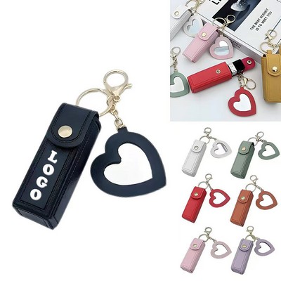 Leather Lipstick Case With Mirror Keychain