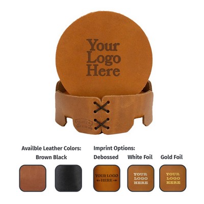 Round Leather Coaster Sets of 4 with Holder in Gift Box - Made in USA