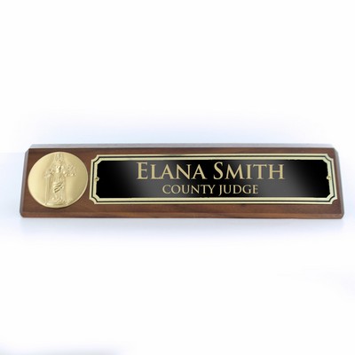 Judicial Walnut Desk Block w/2" Etched Enamel Medallion (10 ½" x 3")