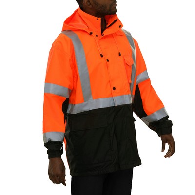 Reflective Apparel™ 2 Tone Mesh Lined Parka Coat w/Detachable Hood Fluorescent Red-Orange