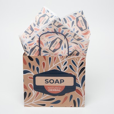 7.25" Natural Brown Blue Handle Shopper with Tissue Paper Bundle