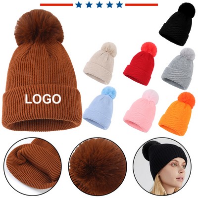 Unisex Winter Knitted Beanie Hat with a pompom