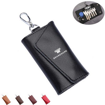 Leather Car Key Case Wallet Snap Closure with 6 Hooks