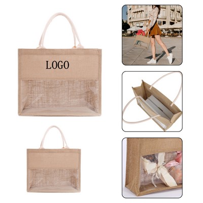 Jute Tote Bag w/ Clear PVC Panel