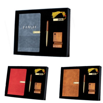 Business Gift Set W/Leather Notebook & Wooden Pen & Wooden Stand & Usb Drive
