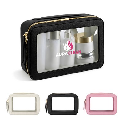 Portable PU Leather & Clear Makeup Bag